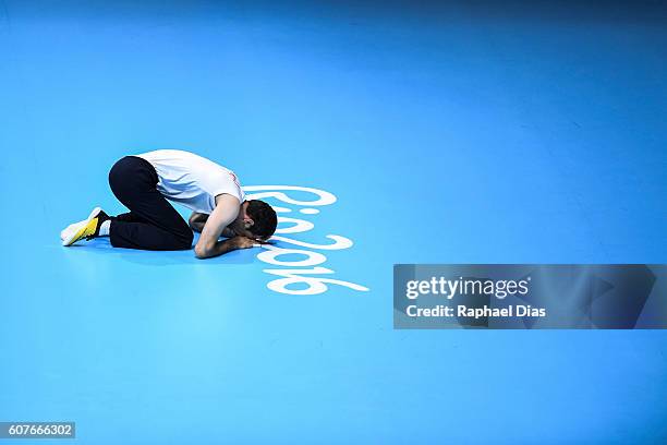 Arash Khormali of Iran celebrates their victory in Mens Sitting Volleyball golden medal match against Bosnia and Herzegovina on day 11 of the Rio...