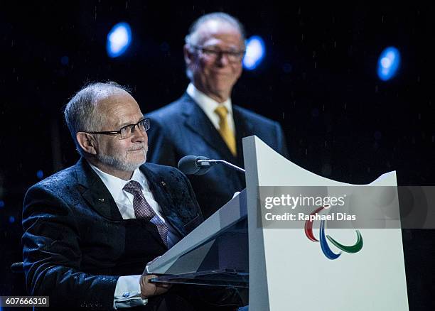 President of the Internation Paralympic Committee Sir Philip Craven adress to the audience, watched by President of Brazilian Olympic Committe Carlos...