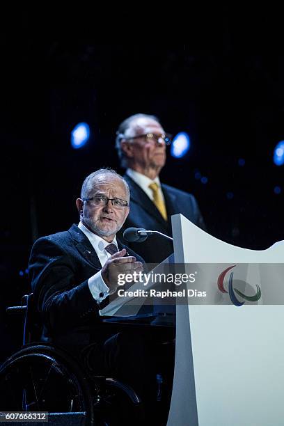 President of the Internation Paralympic Committee Sir Philip Craven adress to the audience, watched by President of Brazilian Olympic Committe Carlos...