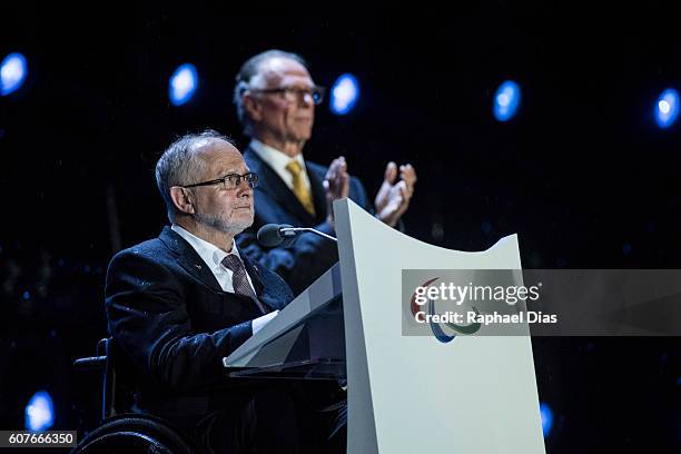 President of the Internation Paralympic Committee Sir Philip Craven adress to the audience, watched by President of Brazilian Olympic Committe Carlos...