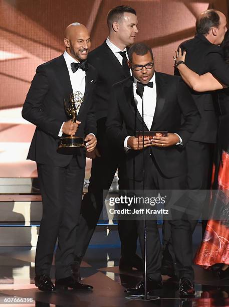 Actor/writers Keegan-Michael Key and Jordan Peele accept Outstanding Variety Sketch Series for 'Key & Peele' onstage during the 68th Annual Primetime...