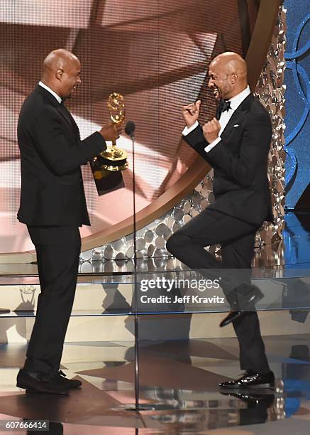 Actor/writers Keegan-Michael Key and Jordan Peele accept Outstanding Variety Sketch Series for 'Key & Peele' onstage during the 68th Annual Primetime...