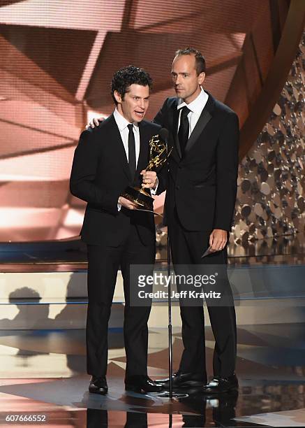 Directors Thomas Kail and Alex Rudzinski accept Outstanding Directing for a Variety Special for 'Grease: Live' onstage during the 68th Annual...