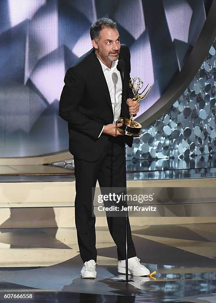 Miguel Sapochnik, winner of ' Game of Thrones, Battle of the Bastards ' speaks onstage during the 68th Annual Primetime Emmy Awards at Microsoft...