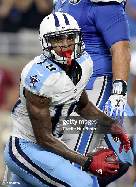 Tennessee Titans wide receiver Tajae Sharpe after being tackled by Detroit Lions cornerback Quandre Diggs during the second half of an NFL football...