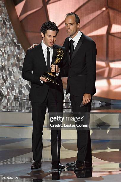 Directors Thomas Kail and Alex Rudzinski accept Outstanding Directing for a Variety Special for 'Grease: Live' onstage during the 68th Annual...