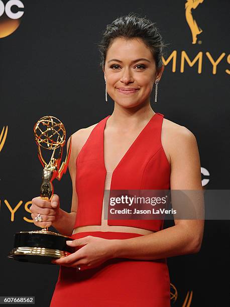 Actress Tatiana Maslany poses in the press room at the 68th annual Primetime Emmy Awards at Microsoft Theater on September 18, 2016 in Los Angeles,...