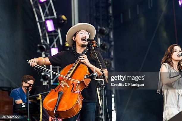 Joe Kwon of The Avett Brothers performs on the Sunset Cliffs Stage during the 2016 KAABOO Del Mar at the Del Mar Fairgrounds on September 18, 2016 in...