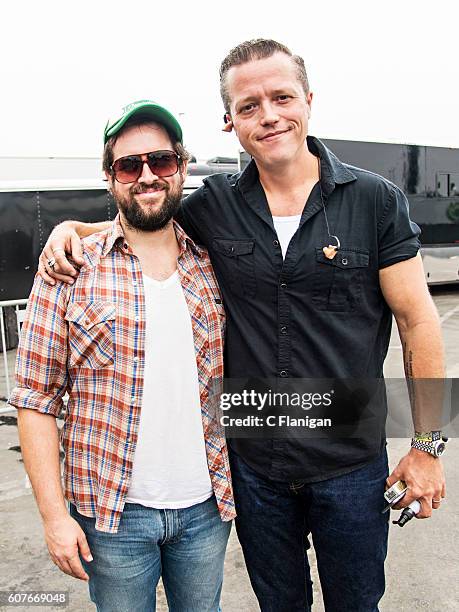 Taylor Burns and Jason Isbell of The Wild Feathers backstage during the 2016 KAABOO Del Mar at the Del Mar Fairgrounds on September 18, 2016 in Del...