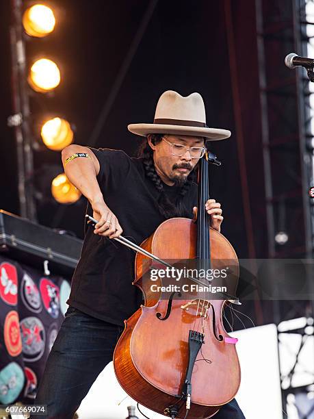 Joe Kwon of The Avett Brothers performs on the Sunset Cliffs Stage during the 2016 KAABOO Del Mar at the Del Mar Fairgrounds on September 18, 2016 in...