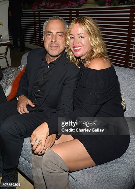 Actor Titus Welliver and Jose Stemkens attend Amazon's Emmy Celebration at Sunset Tower Hotel West Hollywood on September 18, 2016 in West Hollywood,...