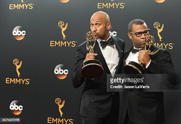 Keegan-Michael Key and Jordan Peele pose in the press room at the 68th annual Primetime Emmy Awards at Microsoft Theater on September 18, 2016 in Los...