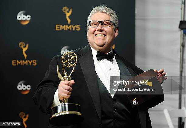 Producer David Mandel of 'Veep,' winner of the Outstanding Comedy Series award, poses in the press room at the 68th annual Primetime Emmy Awards at...