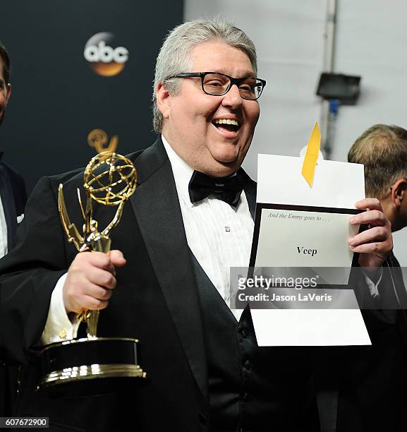 Producer David Mandel of 'Veep,' winner of the Outstanding Comedy Series award, poses in the press room at the 68th annual Primetime Emmy Awards at...