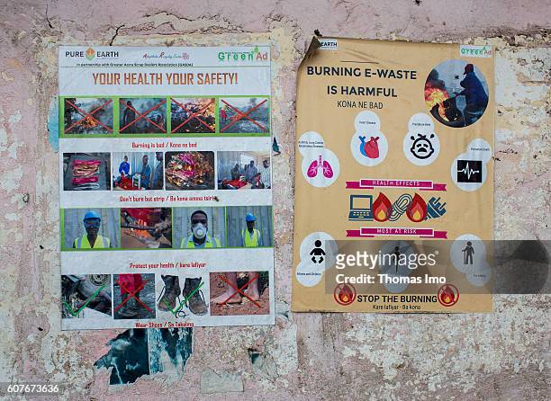 Accra, Ghana Warning signs to warn of health risks on the largest electronic scrap yard in Agbogbloshie, a district in Ghana's capital on September...