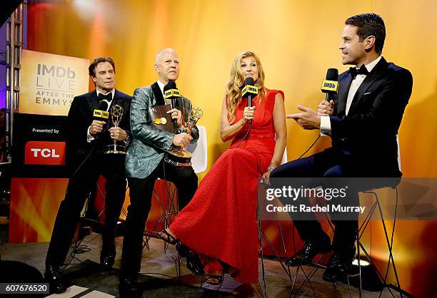 Winners John Travolta, Ryan Murphy, actress Connie Britton, and host Dave Karger attend IMDb Live After The Emmys, presented by TCL on September 18,...