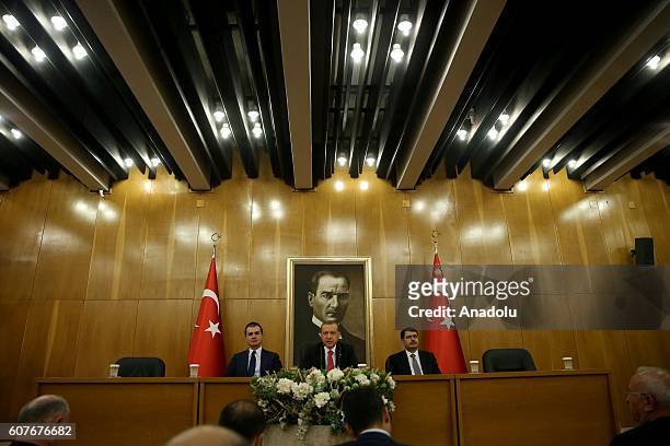 Turkish President Recep Tayyip Erdogan , Turkeys EU Minister Omer Celik and Istanbul Governor Vasip Sahin hold a press conference, ahead of the visit...