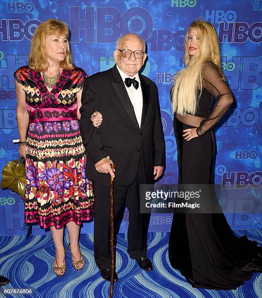 Cindy Gilmore, actor Ed Asner and model Yvette Rachelle attend HBO's Official 2016 Emmy After Party at The Plaza at the Pacific Design Center on...