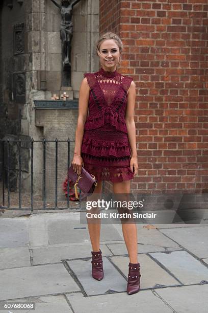 Swimsuit Designer and Made in Chelsea Actress Kimberley Garner is wearing dress by Self Portrait, bag by Yves Saint Laurent and shoes by Valentino...