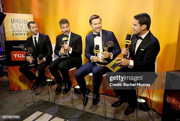 Winners Writer/producers David Benioff, D.B. Weiss, actor Nikolaj Coster-Waldau, and host Dave Karger attend IMDb Live After The Emmys, presented by...