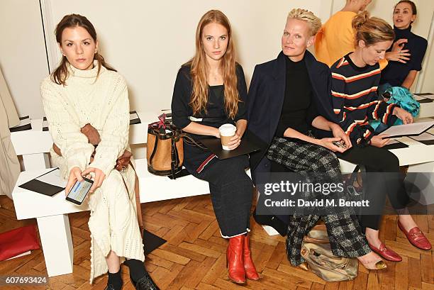 Morgane Polanski, Petra Palumbo and Anna Freemantle attend the Pringle Of Scotland Womenswear Spring/Summer 2017 LFW Show at One Marylebone on...