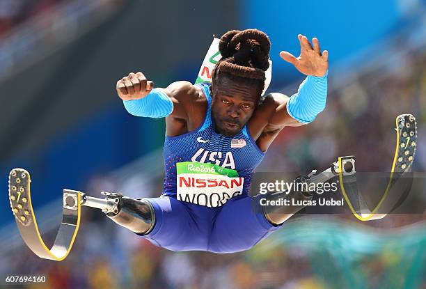 Regas Woods of United States competes in the Men's Long Jump - T42 final during day 10 of the Rio 2016 Paralympic Games at the Olympic Stadium on...