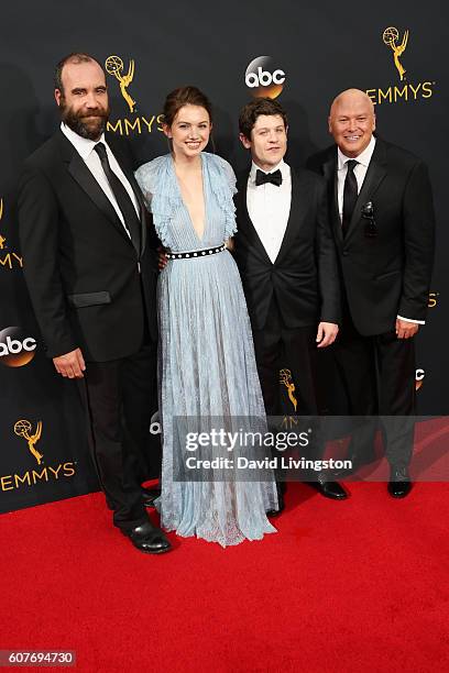 Actors Rory McCann, Hannah Murray, Iwan Rheon and Conleth Hill arrive at the 68th Annual Primetime Emmy Awards at the Microsoft Theater on September...