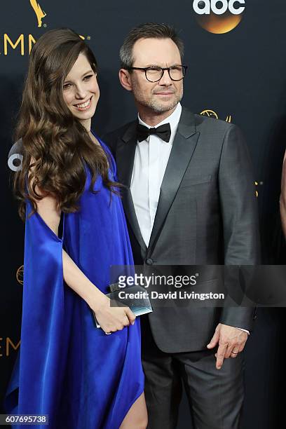 Actor Christian Slater and Brittany Lopez arrive at the 68th Annual Primetime Emmy Awards at the Microsoft Theater on September 18, 2016 in Los...