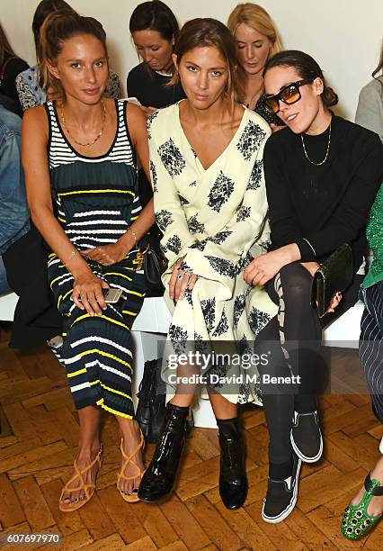 Jemima Jones, Quentin Jones and Tallulah Harlech sit in the front row at the Pringle Of Scotland Womenswear Spring/Summer 2017 LFW Show at One...