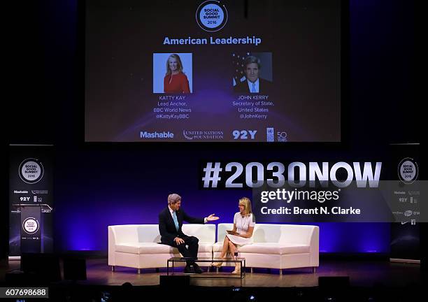 United States Secretary of State John F. Kerry speaks on stage as journalist Katty Kay looks on during the 2016 Social Good Summit held at the 92nd...