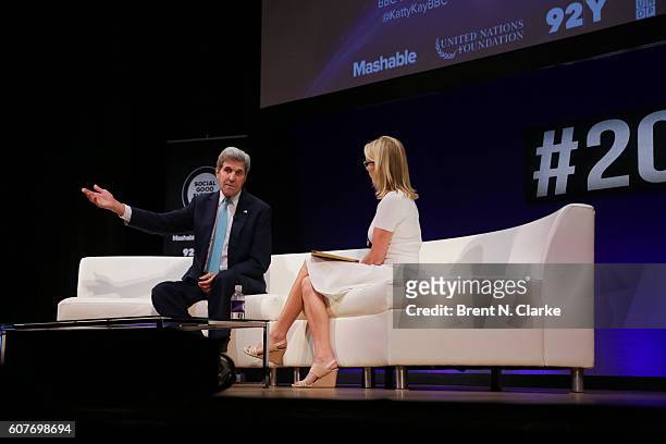 United States Secretary of State John F. Kerry speaks on stage as journalist Katty Kay looks on during the 2016 Social Good Summit held at the 92nd...