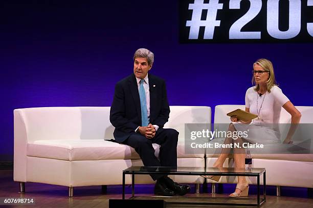 United States Secretary of State John F. Kerry speaks on stage as journalist Katty Kay looks on during the 2016 Social Good Summit held at the 92nd...