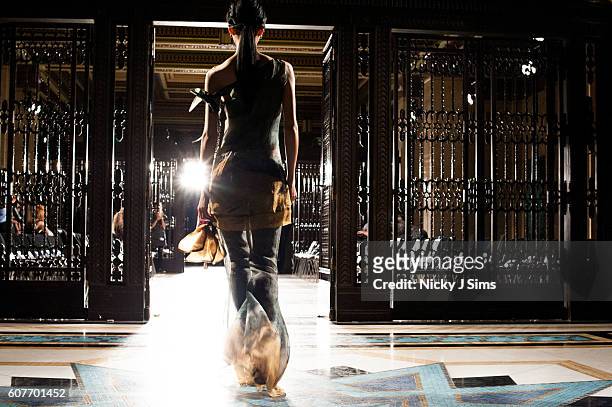 An alternative view of a model at the rehearsal of the Malan Breton show during London Fashion Week Spring/Summer collections 2017 on September 18,...