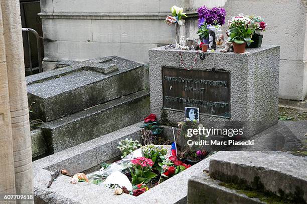 Close-up at Jim Morrison's grave at 'Pere Lachaise' cemetery on September 19, 2016 in Paris, France.