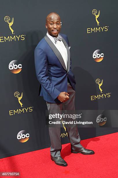 Personality Akbar Gbajabiamila arrives at the 68th Annual Primetime Emmy Awards at the Microsoft Theater on September 18, 2016 in Los Angeles,...