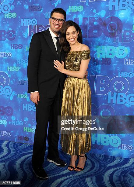 Actress Emmy Rossum and Sam Esmail arrive at HBO's Post Emmy Awards Reception at The Plaza at the Pacific Design Center on September 18, 2016 in Los...