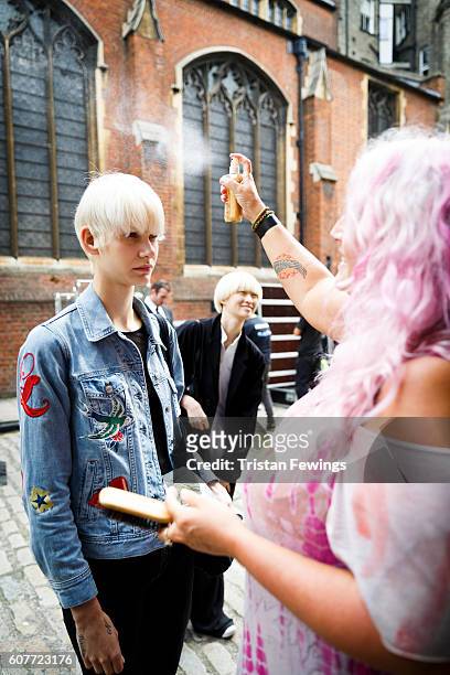 Model backstage ahead of the Sharon Wauchob show during London Fashion Week Spring/Summer collections 2017 on September 19, 2016 in London, United...
