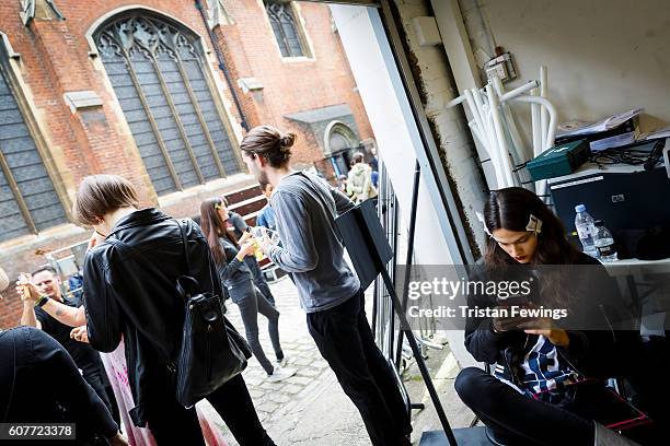 Model backstage ahead of the Sharon Wauchob show during London Fashion Week Spring/Summer collections 2017 on September 19, 2016 in London, United...