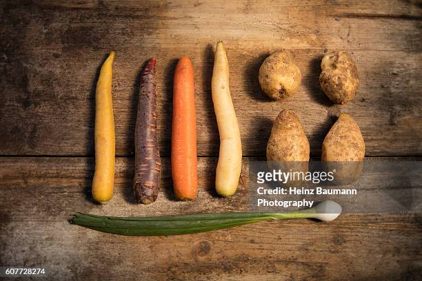 different colored carrots with onion and agria potatoes on a weathered garden table - heinz baumann stock-fotos und bilder