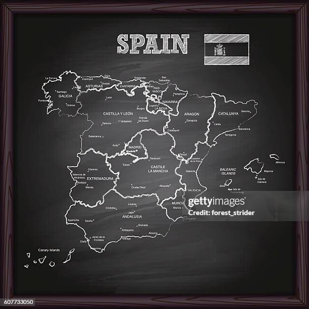 ilustraciones, imágenes clip art, dibujos animados e iconos de stock de mapa de españa en pizarra - españa mapa