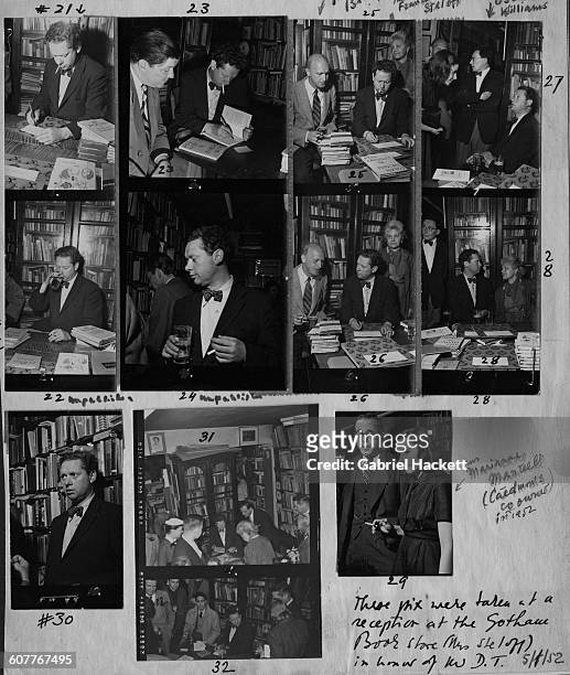 Contact sheet depicting Welsh poet and writer Dylan Thomas at a reception held in his honour at the Gotham Book Mart in Manhattan, New York City, 1st...