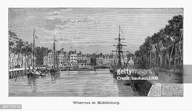 stockillustraties, clipart, cartoons en iconen met wharves or wharf, at middleburg, zeeland, netherlands 1887 - grachtenpand