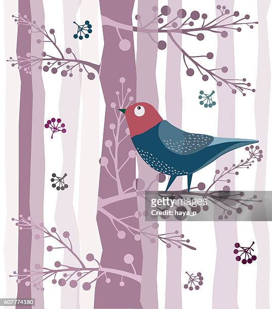 bird on branch, sitting on the tree, forest - birch tree forest stock illustrations
