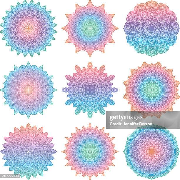 ornate circular mandala multicolored designs - pilates power ring stock illustrations