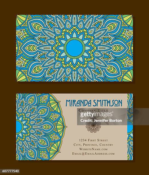 ornate circular mandala multicolored business card designs - business card design stock illustrations