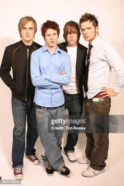 English pop rock band McFly, circa 2005. From left to right, they are Tom Fletcher, Dougie Poynter, Danny Jones and Harry Judd.