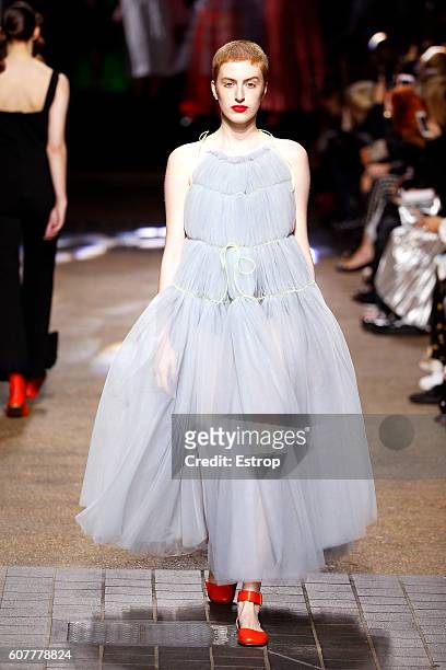 Model walks the runway at the Molly Goddard show during London Fashion Week Spring/Summer collections 2017 on September 17, 2016 in London, United...