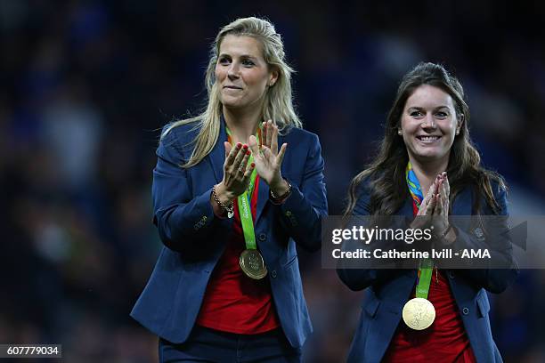 Team GB Olympic hockey gold medalists Georgie Twigg and Laura Unsworth during the Premier League match between Chelsea and Liverpool at Stamford...