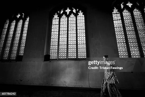 An alternative view of a model walking the runway at the Sharon Wauchob show during London Fashion Week Spring/Summer collections 2017 on September...