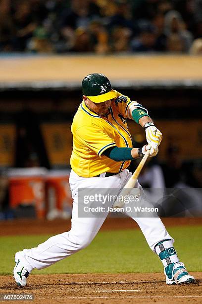 Billy Butler of the Oakland Athletics at bat against the Los Angeles Angels of Anaheim during the fifth inning at the Oakland Coliseum on September...